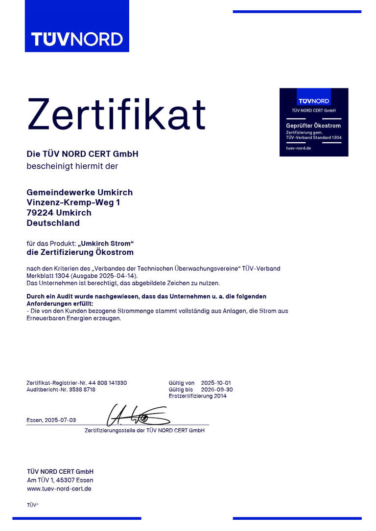 Zertifikat Ökostrom für gültig von Oktober 2025 bis September 2026